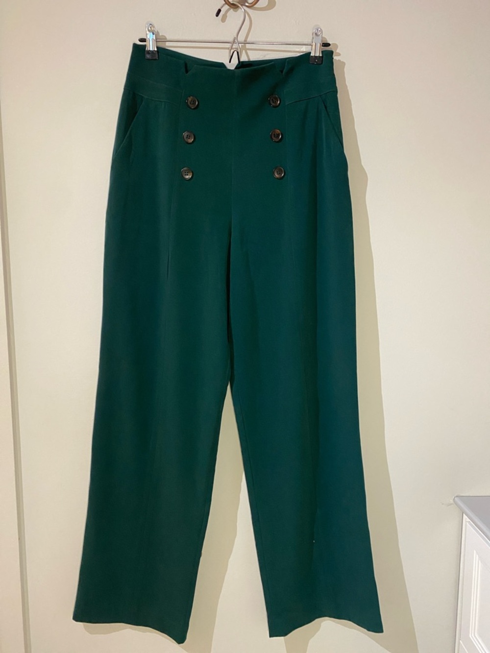 YUKA High-Waist Wide Leg Pants with Double-Button Front - Deep Green